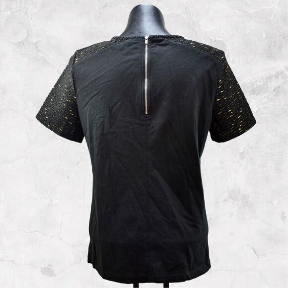 J Crew Black Knit Top Gold Metallic Trim Short Sleeves Back Zip - Women's Size S - Picture 5 of 7